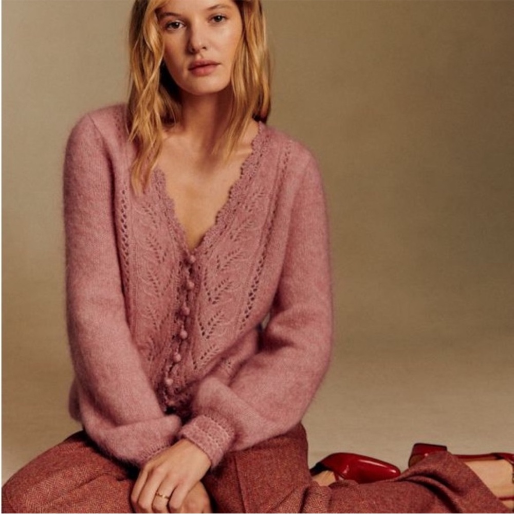 Sézane Pink Mohair Lace-Front Cardigan